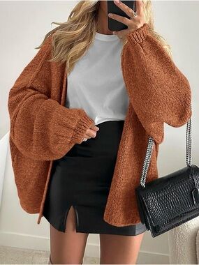 Open-Front Rust Knit Cardigan with Balloon Sleeves